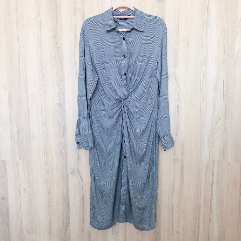 Zara Womens Plaid Shirt Midi Dress S Gray Long Sleeve Twist Front Preppy Office - Picture 2 of 8